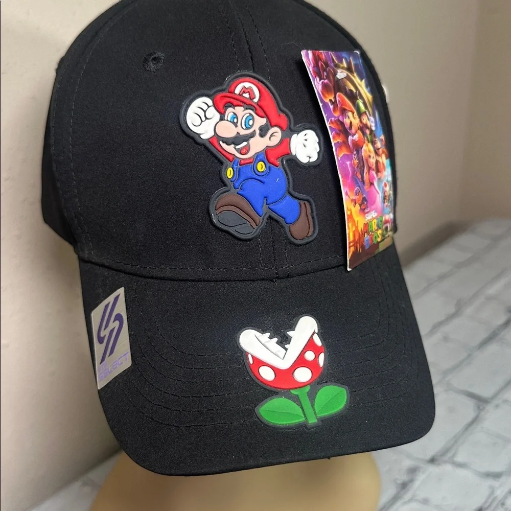 Super Mario Baseball Cap Hat Black with Piranha Plant Patch Adjustable Back NEW - Picture 2 of 15